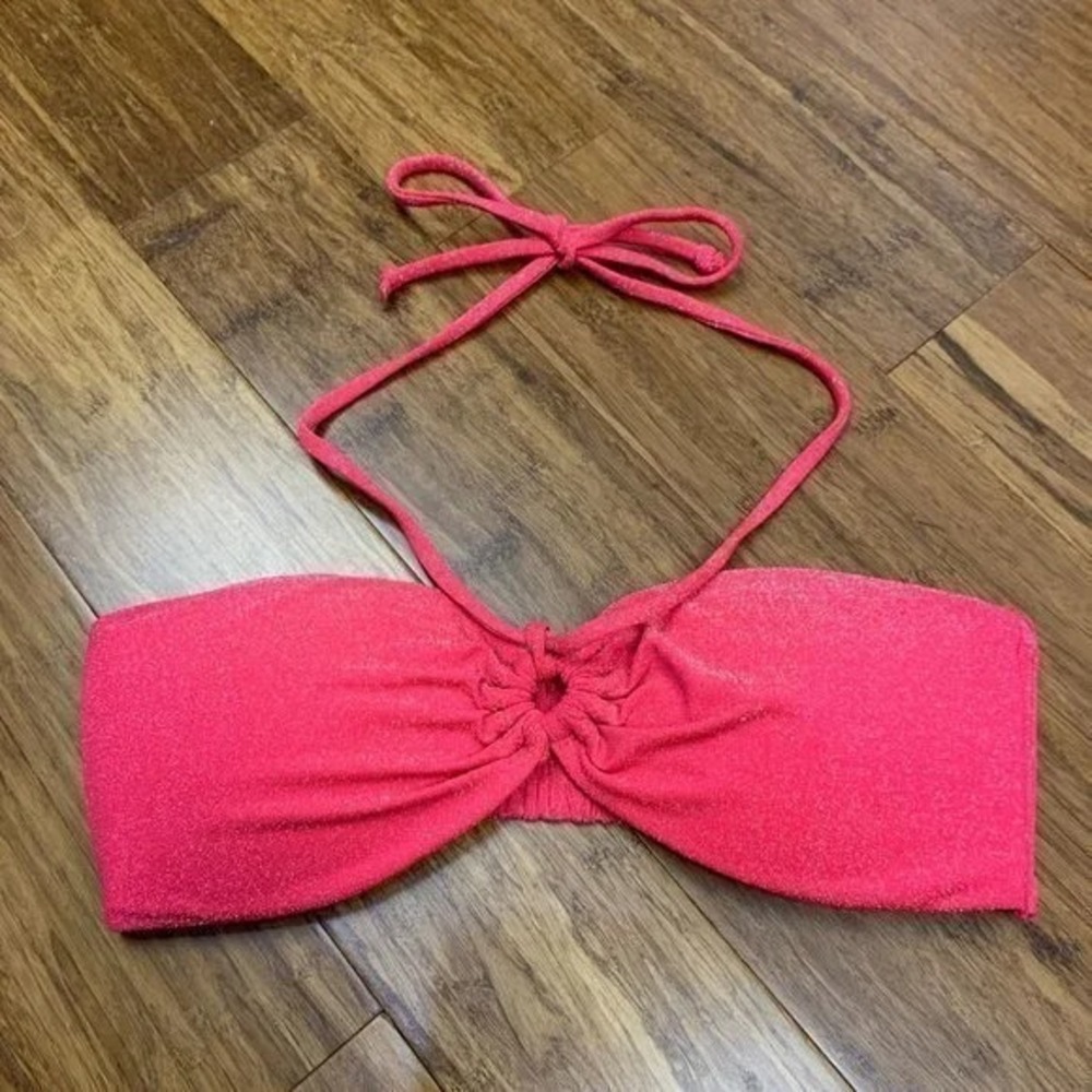 White Fox Swim Halter Bandeau Bikini Top Ruched Front‎ Red Sparkle Lurex Small